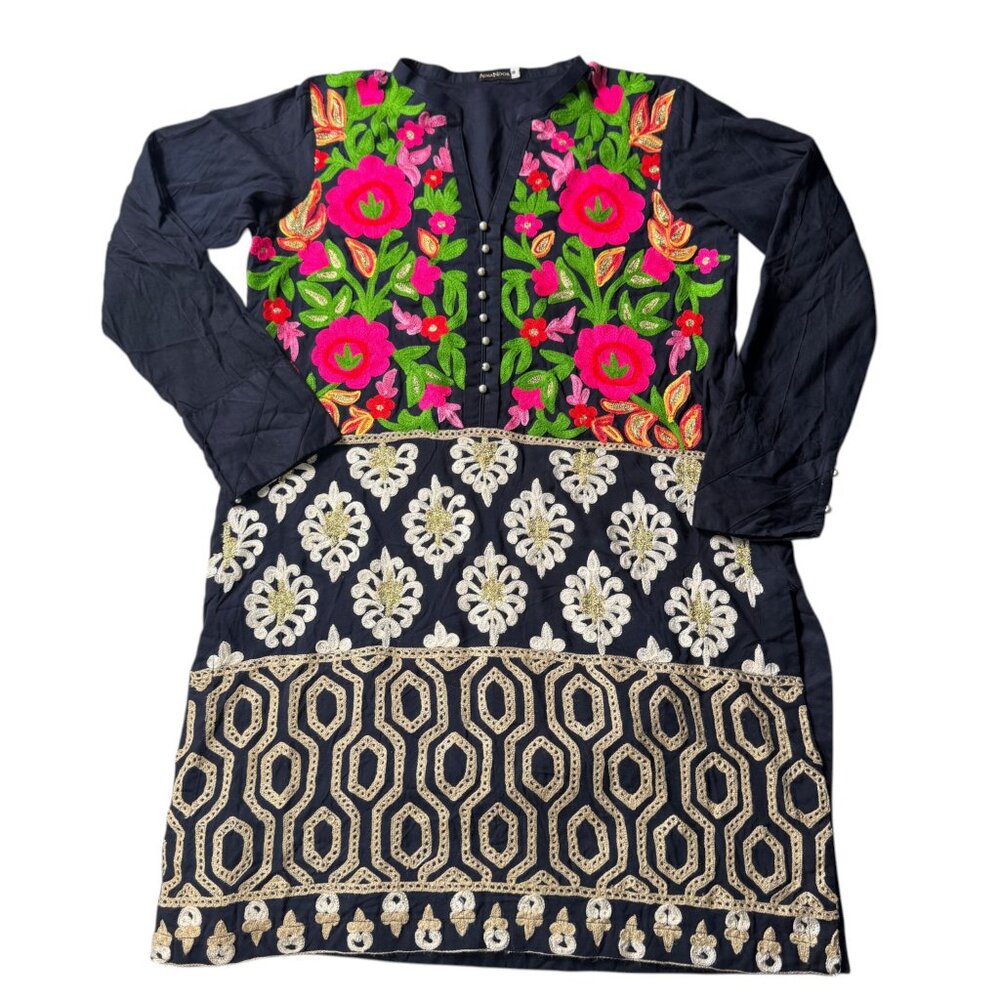 AGHA Noor Black Embroidered Kaftan Tunic Dress Medium